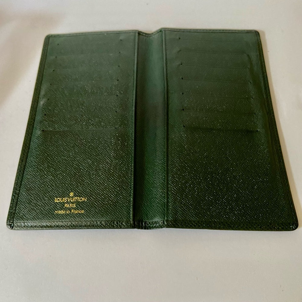 Louis Vuitton, Green Taiga Leather Long Wallet 7.5 x 4in