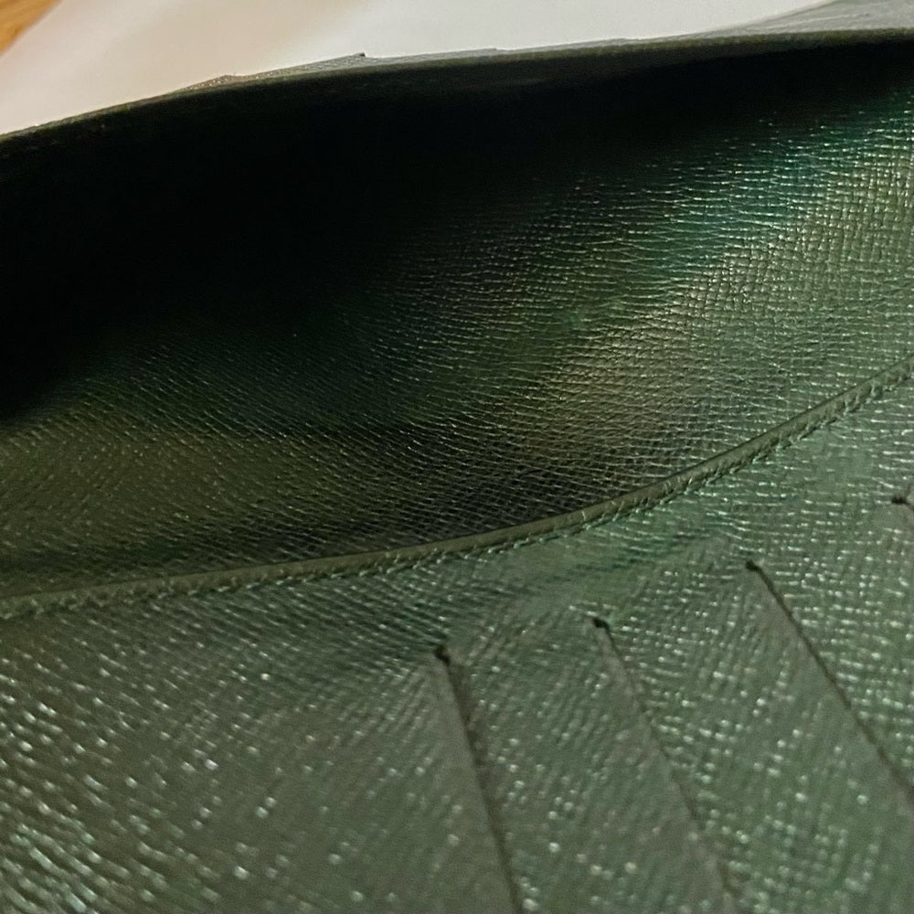 Louis Vuitton, Green Taiga Leather Long Wallet 7.5 x 4in
