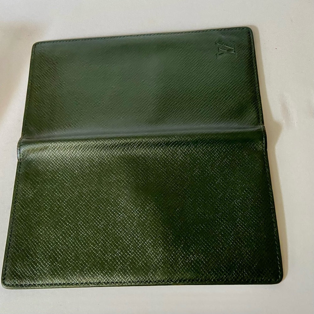 Louis Vuitton, Green Taiga Leather Long Wallet 7.5 x 4in
