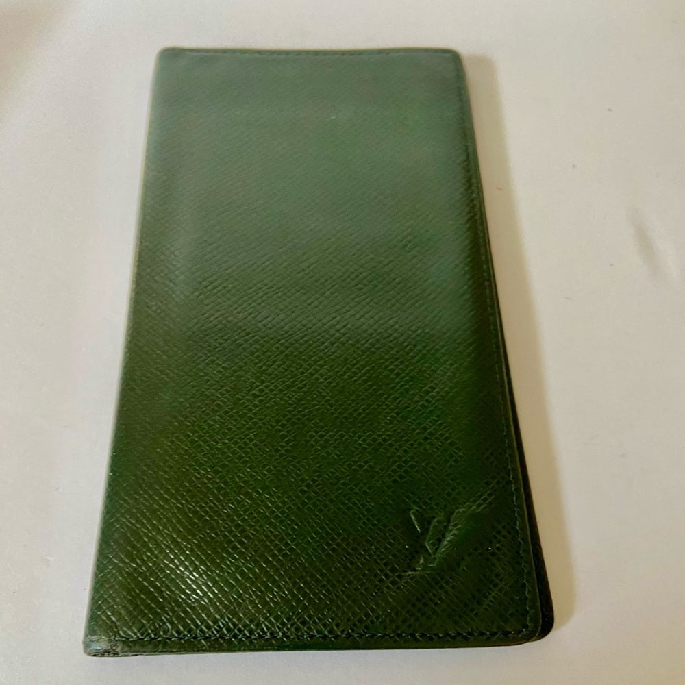Louis Vuitton, Green Taiga Leather Long Wallet 7.5 x 4in