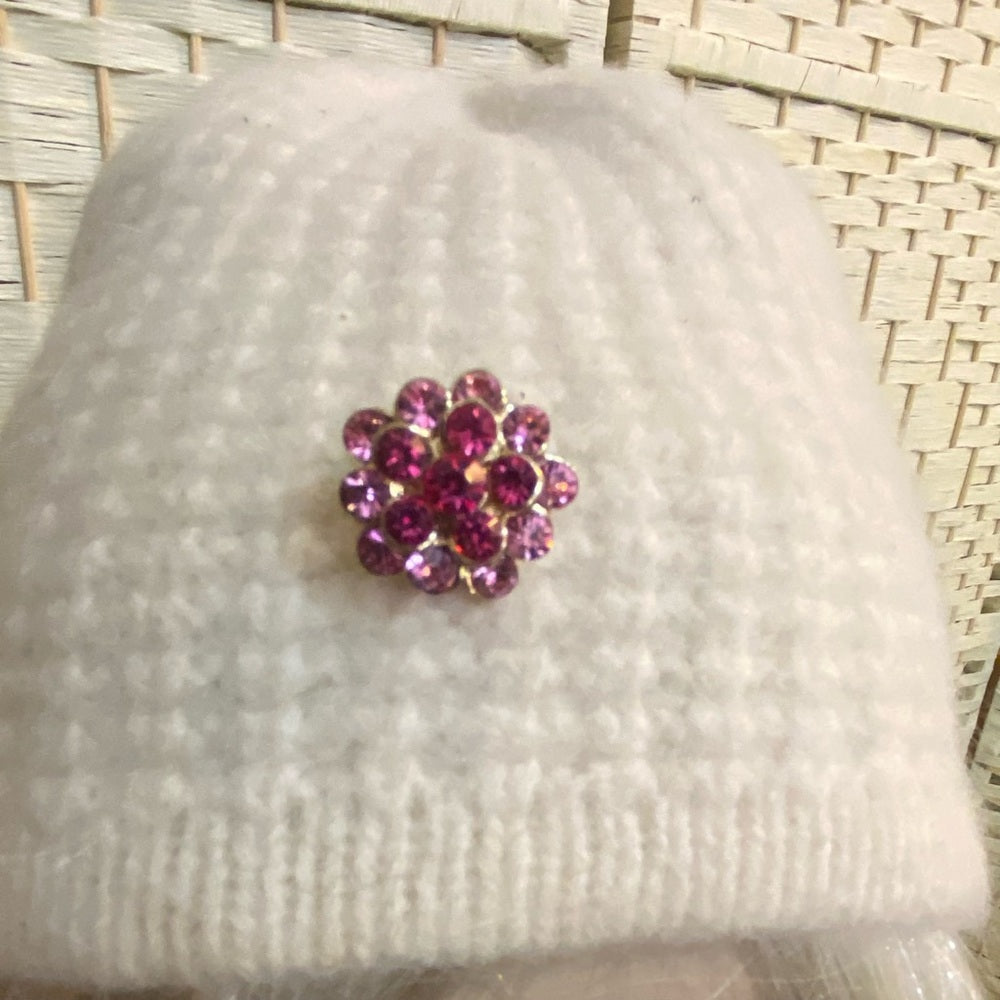 Elegant Angora-Wool White Beanie Hat with Rhinestones Accent