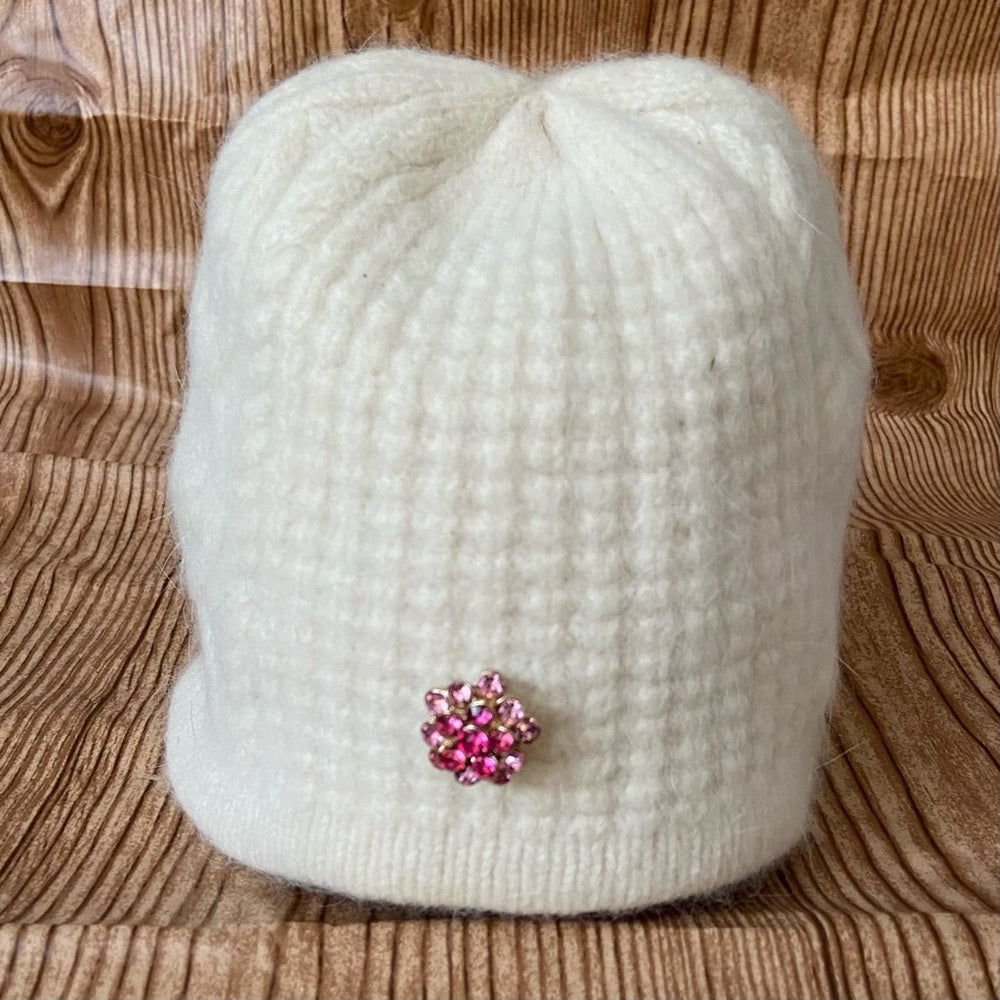 Elegant Angora-Wool White Beanie Hat with Rhinestones Accent