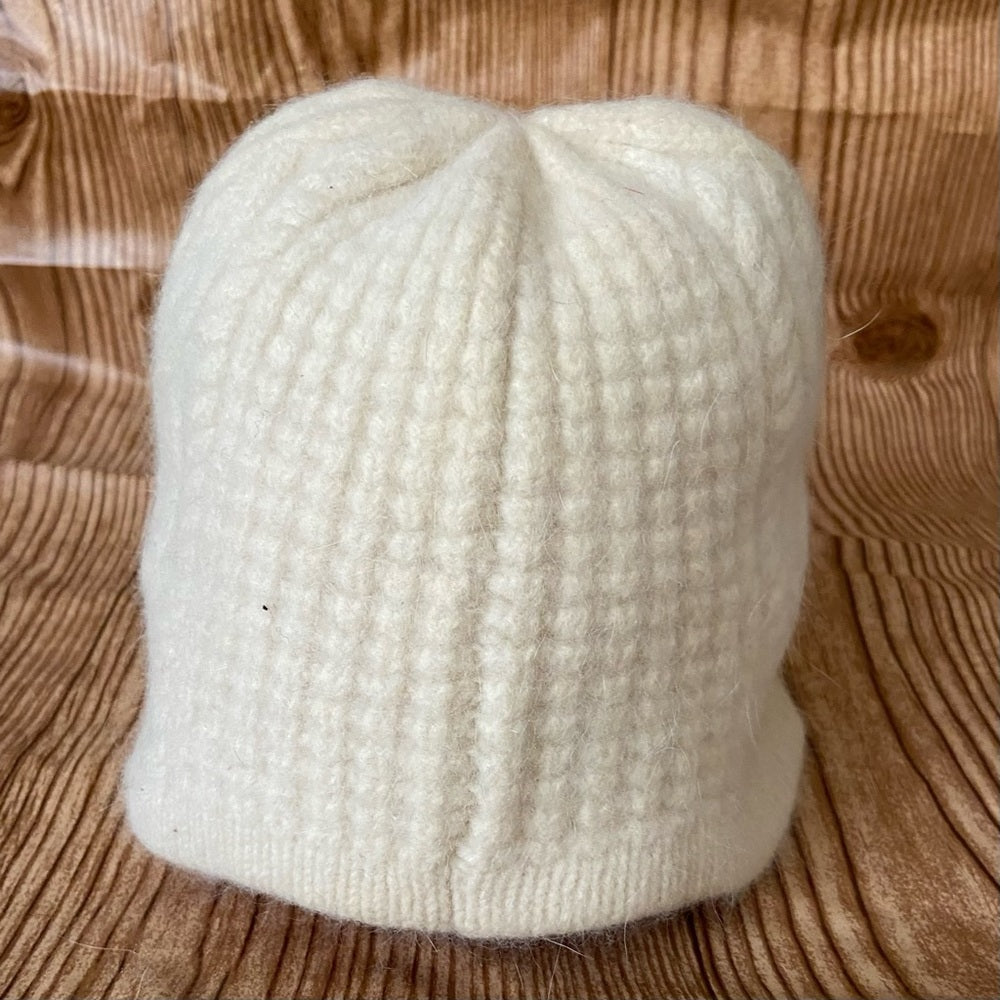 Elegant Angora-Wool White Beanie Hat with Rhinestones Accent
