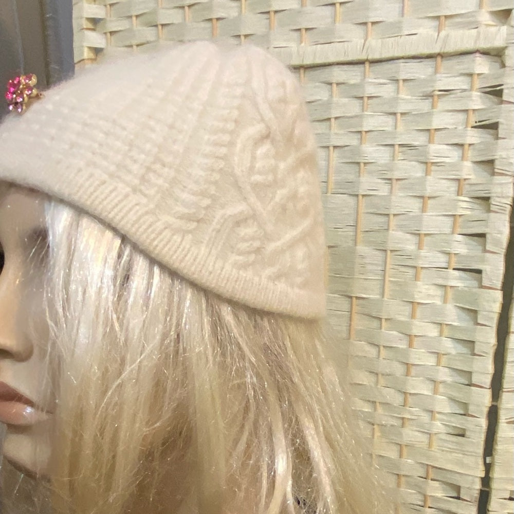 Elegant Angora-Wool White Beanie Hat with Rhinestones Accent