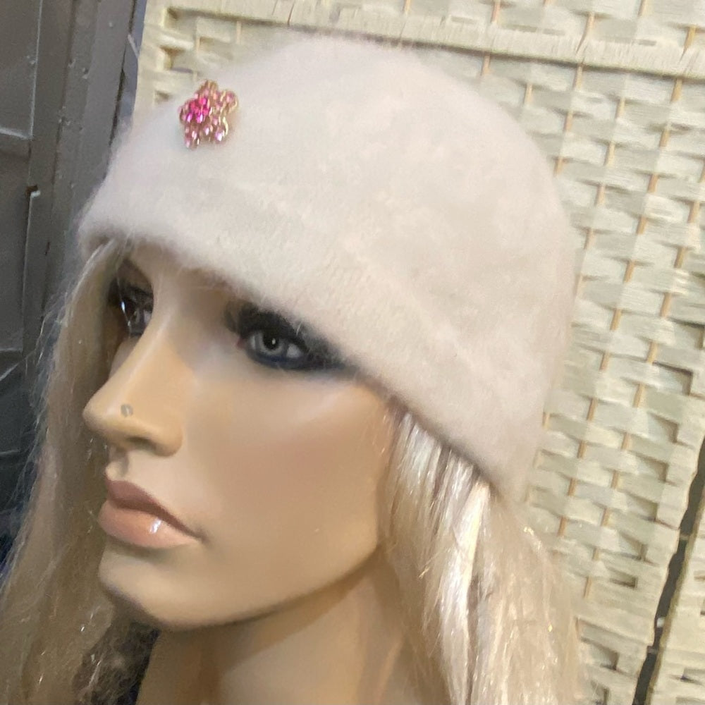 Beautiful, Black Knitted Beanie Hat with Handcrafted Floral Accent