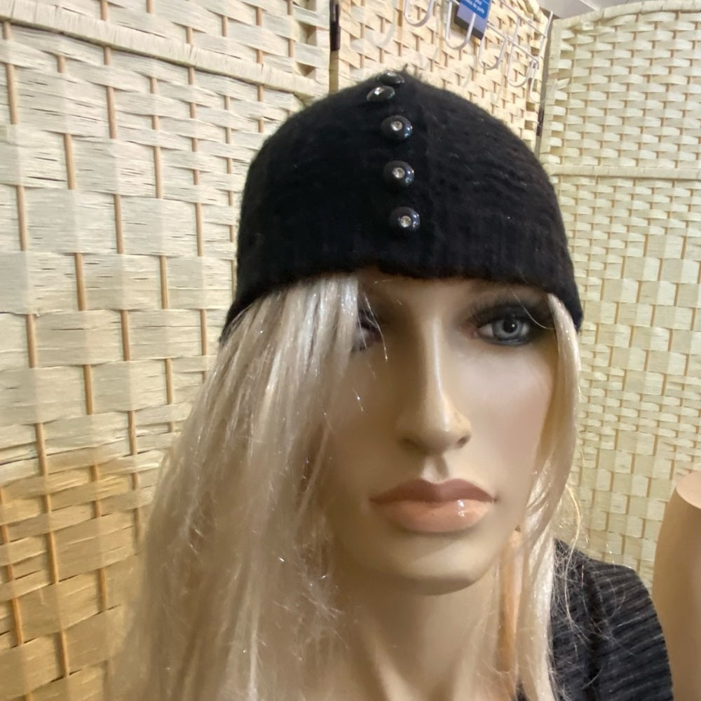 Beautiful, Black Knitted Beanie Hat with Handcrafted Floral Accent