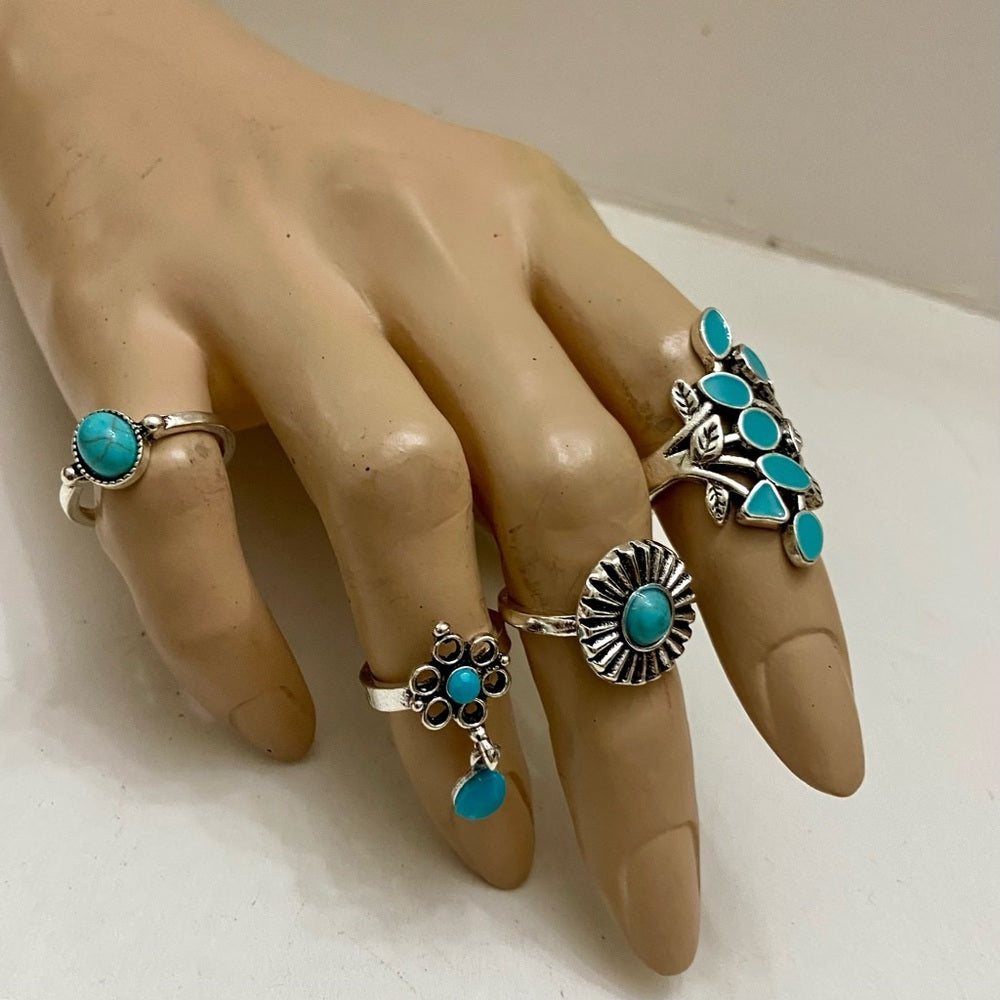 Vintage 4pc Silver Tone- Faux Turquoise Rings (A)