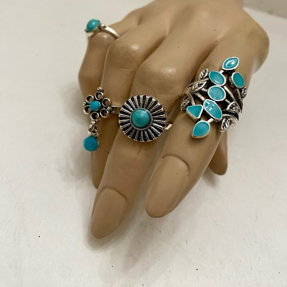 Vintage 4pc Silver Tone- Faux Turquoise Rings (A)