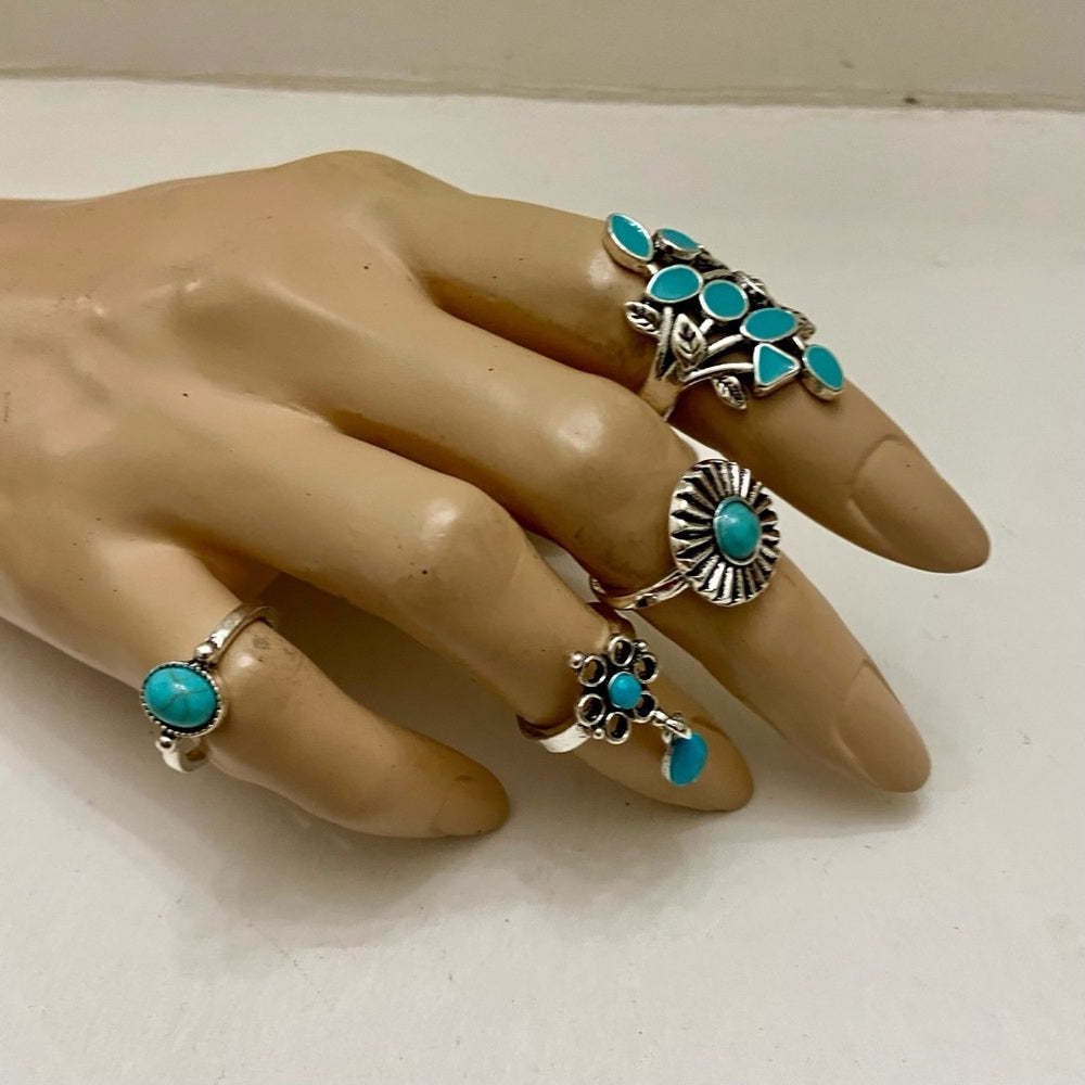 Vintage 4pc Silver Tone- Faux Turquoise Rings (A)