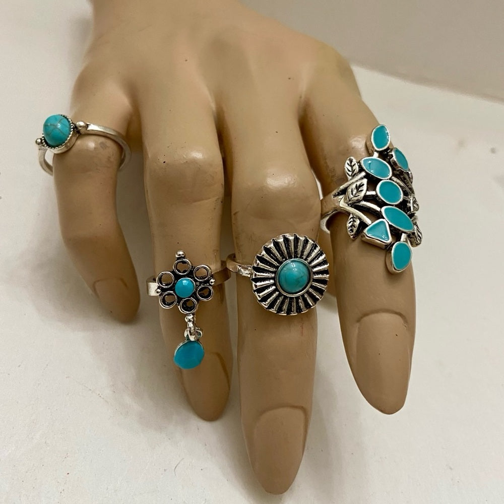 Vintage 4pc Silver Tone- Faux Turquoise Rings (A)