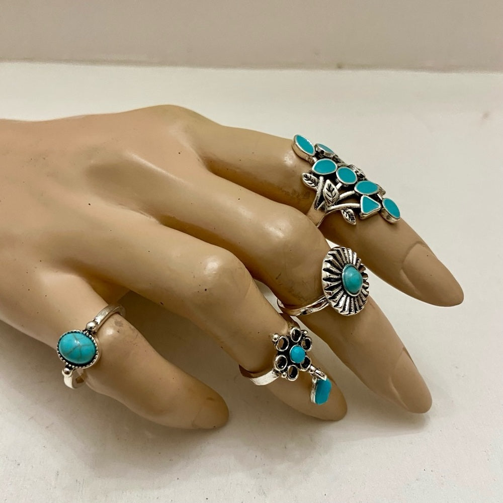 Vintage 4pc Silver Tone- Faux Turquoise Rings (A)
