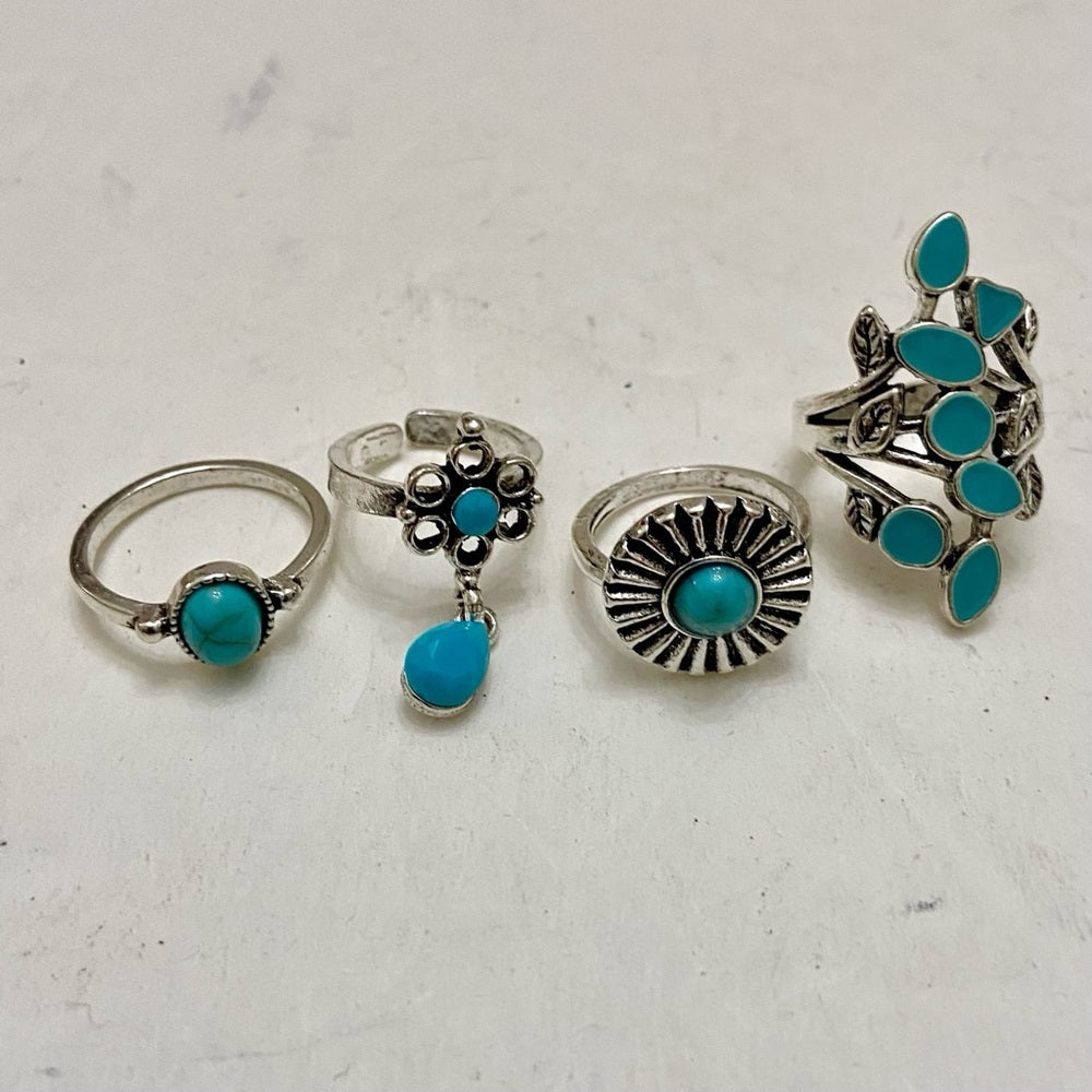 Vintage 4pc Silver Tone- Faux Turquoise Rings (A)