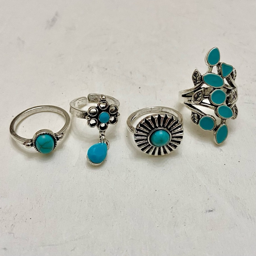 Vintage 4pc Silver Tone- Faux Turquoise Rings (A)