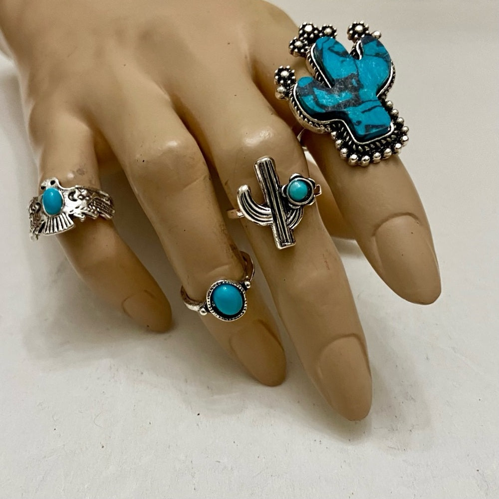 Vintage 4pc Silver Tone- Faux Turquoise Rings (B)