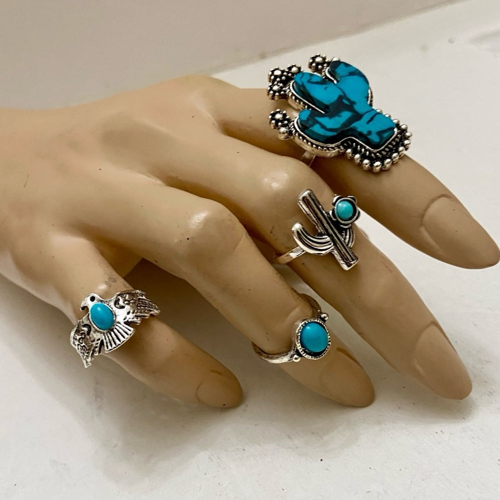 Vintage 4pc Silver Tone- Faux Turquoise Rings (B)