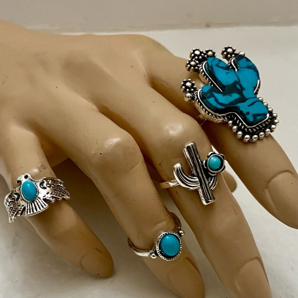 Vintage 4pc Silver Tone- Faux Turquoise Rings (B)