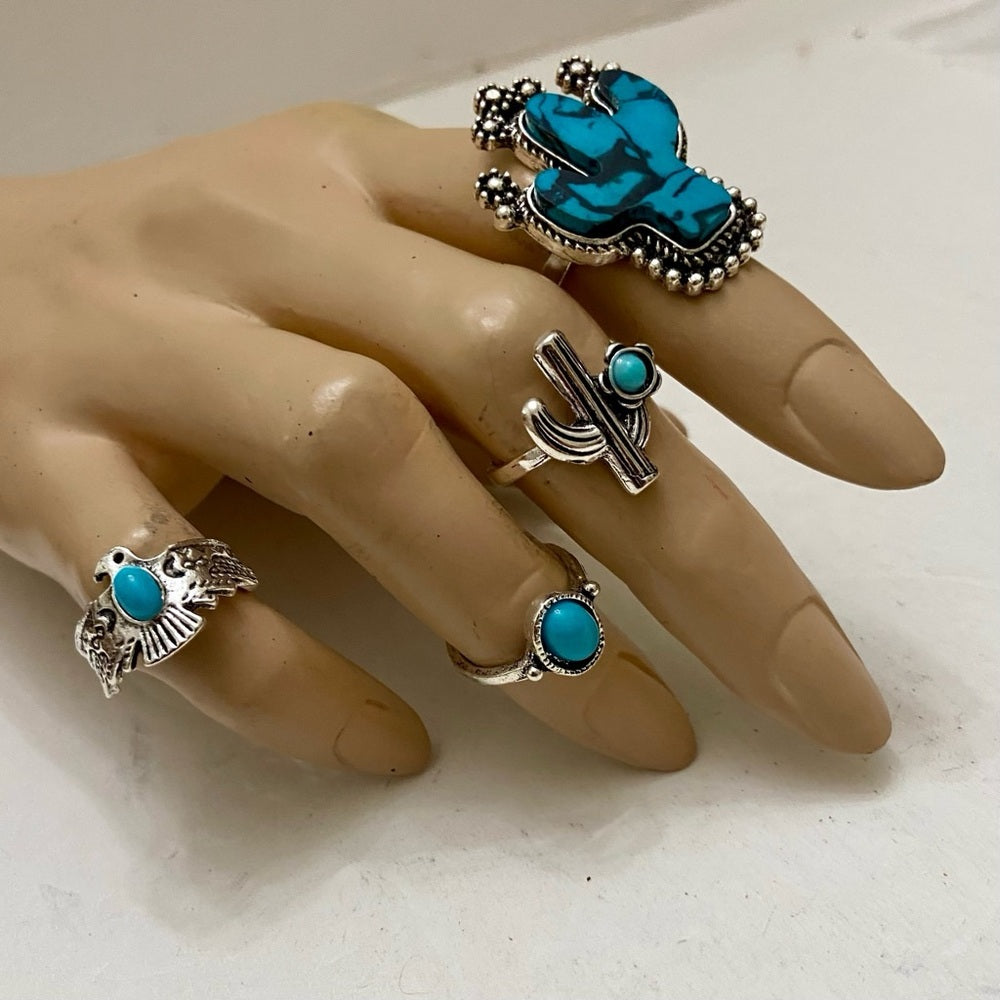 Vintage 4pc Silver Tone- Faux Turquoise Rings (B)