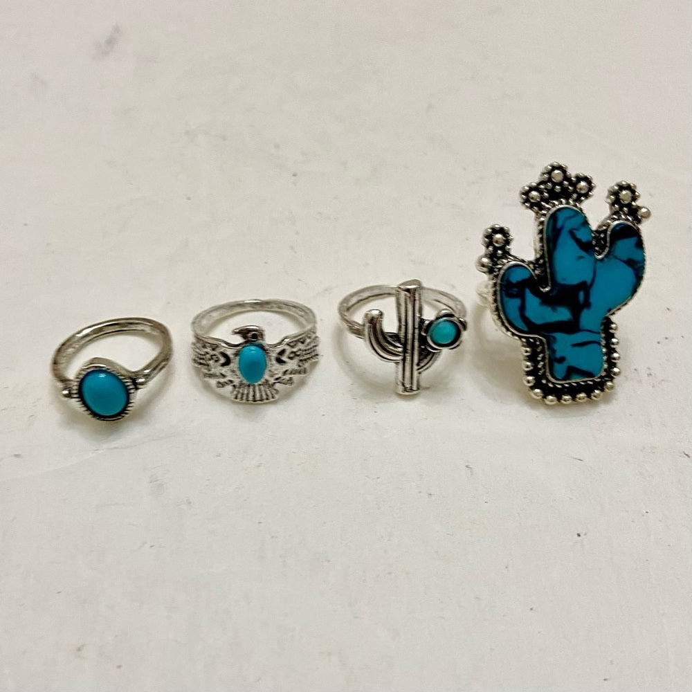 Vintage 4pc Silver Tone- Faux Turquoise Rings (B)