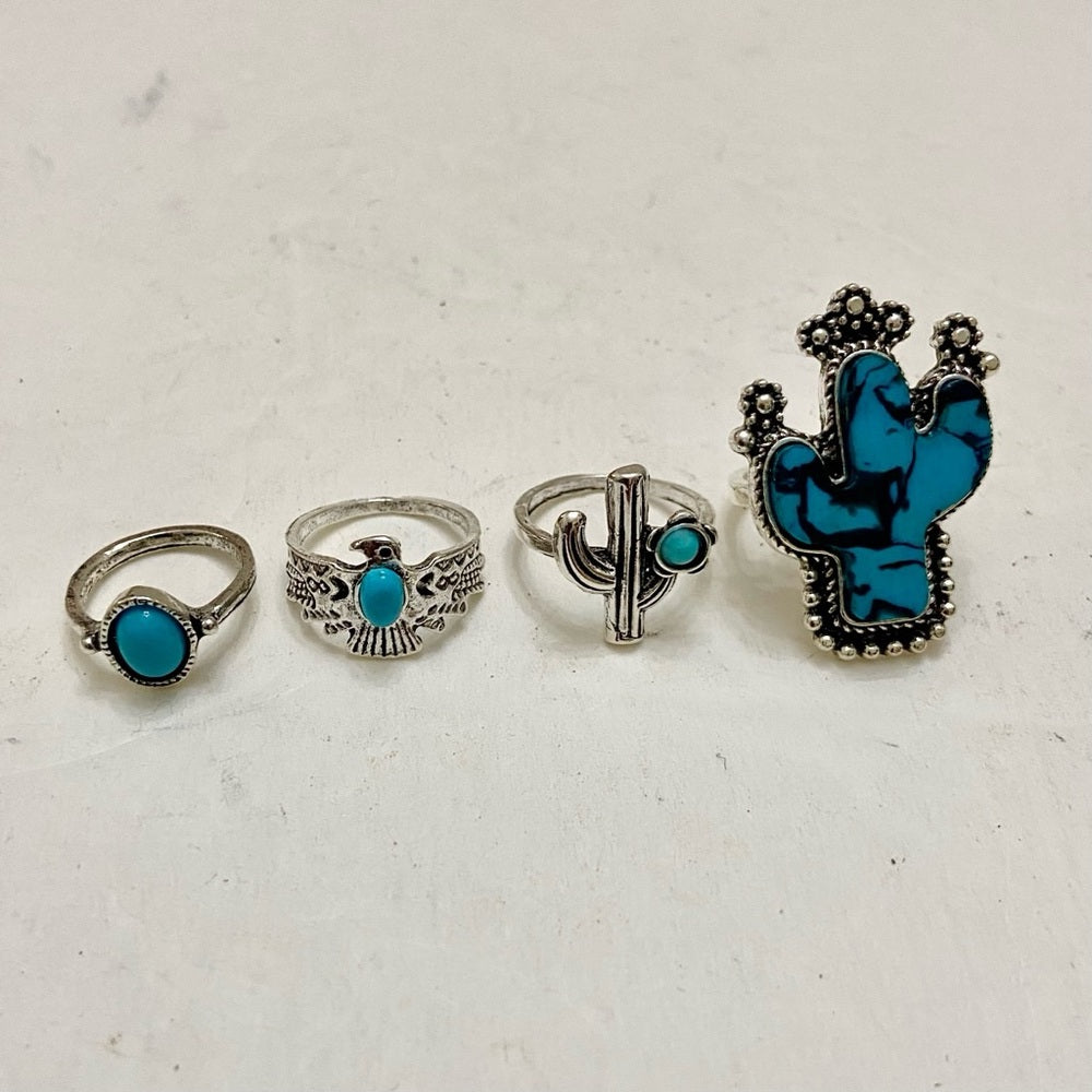 Vintage 4pc Silver Tone- Faux Turquoise Rings (B)