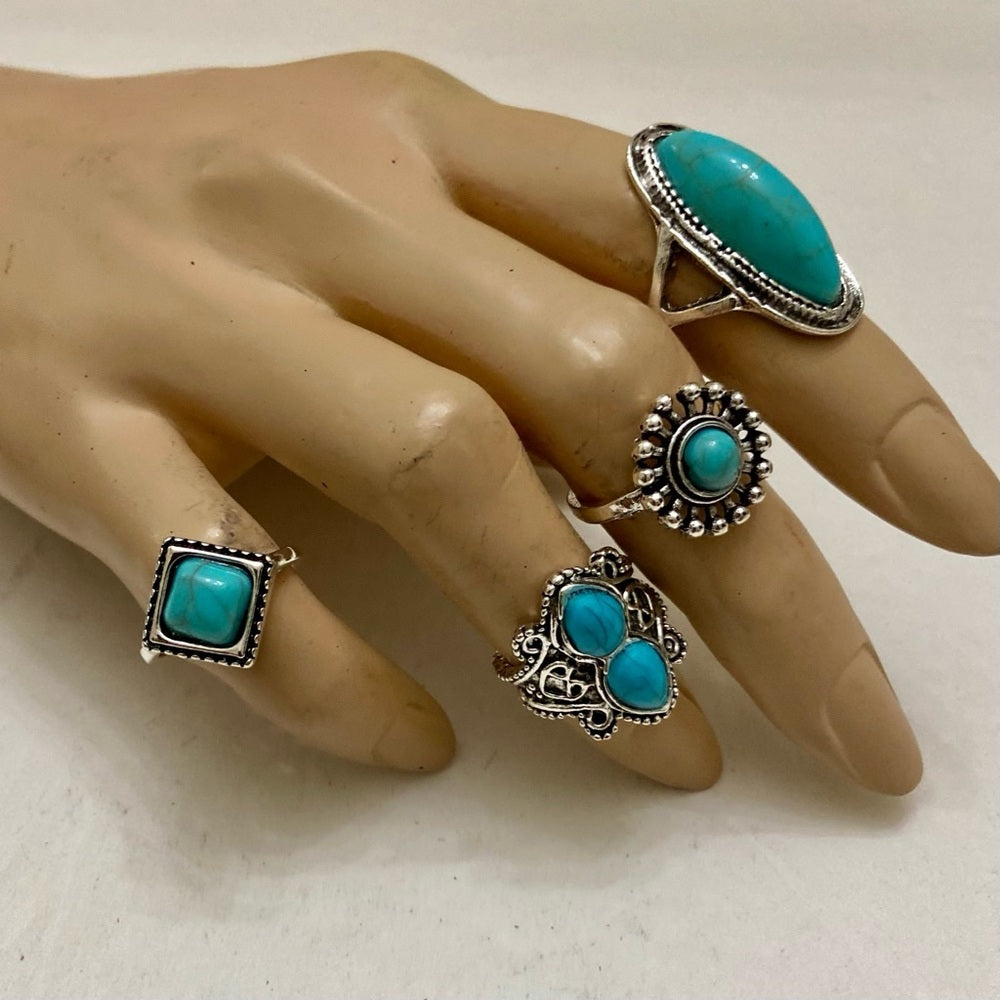 Vintage 4pc Silver Tone- Faux Turquoise Rings (H)