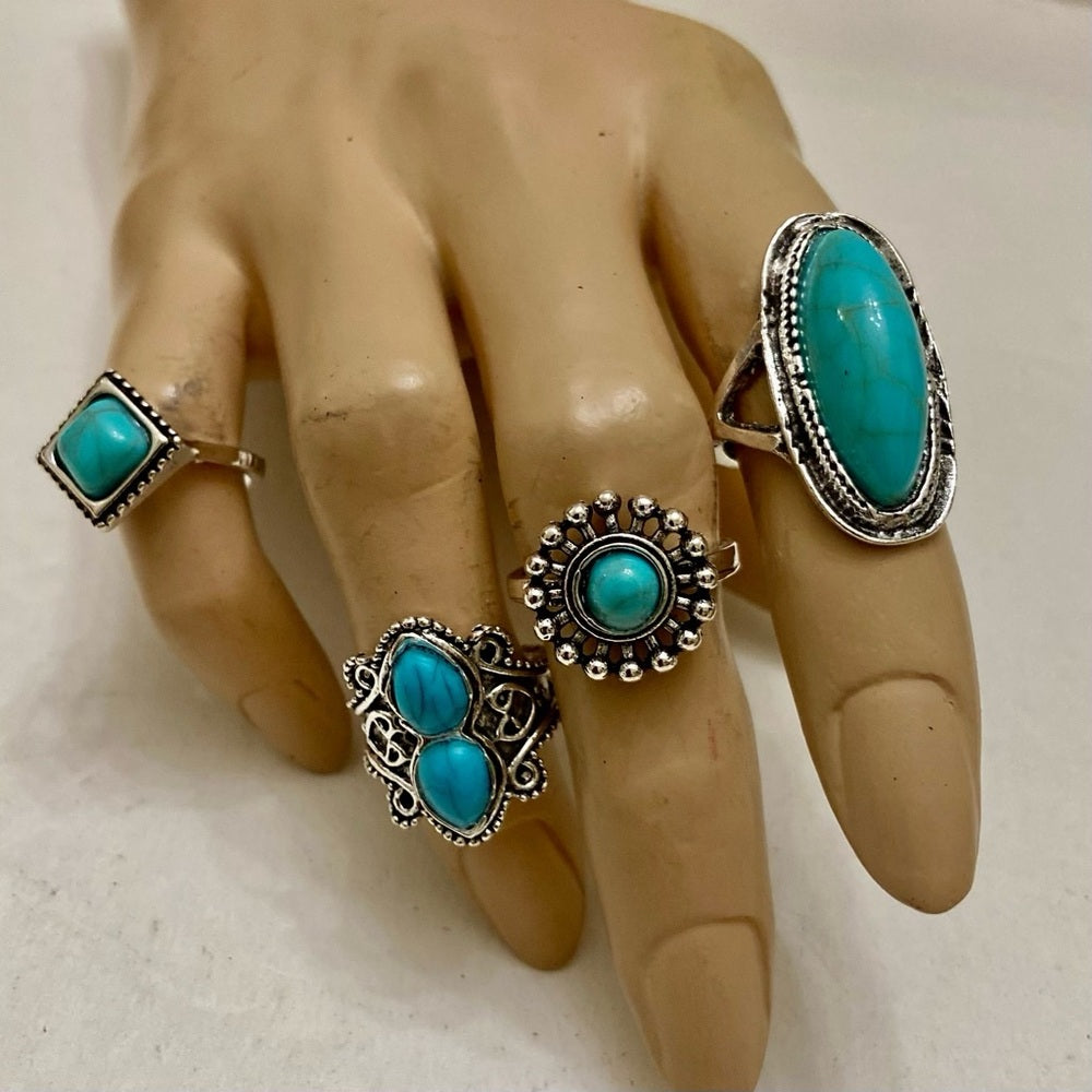 Vintage 4pc Silver Tone- Faux Turquoise Rings (H)