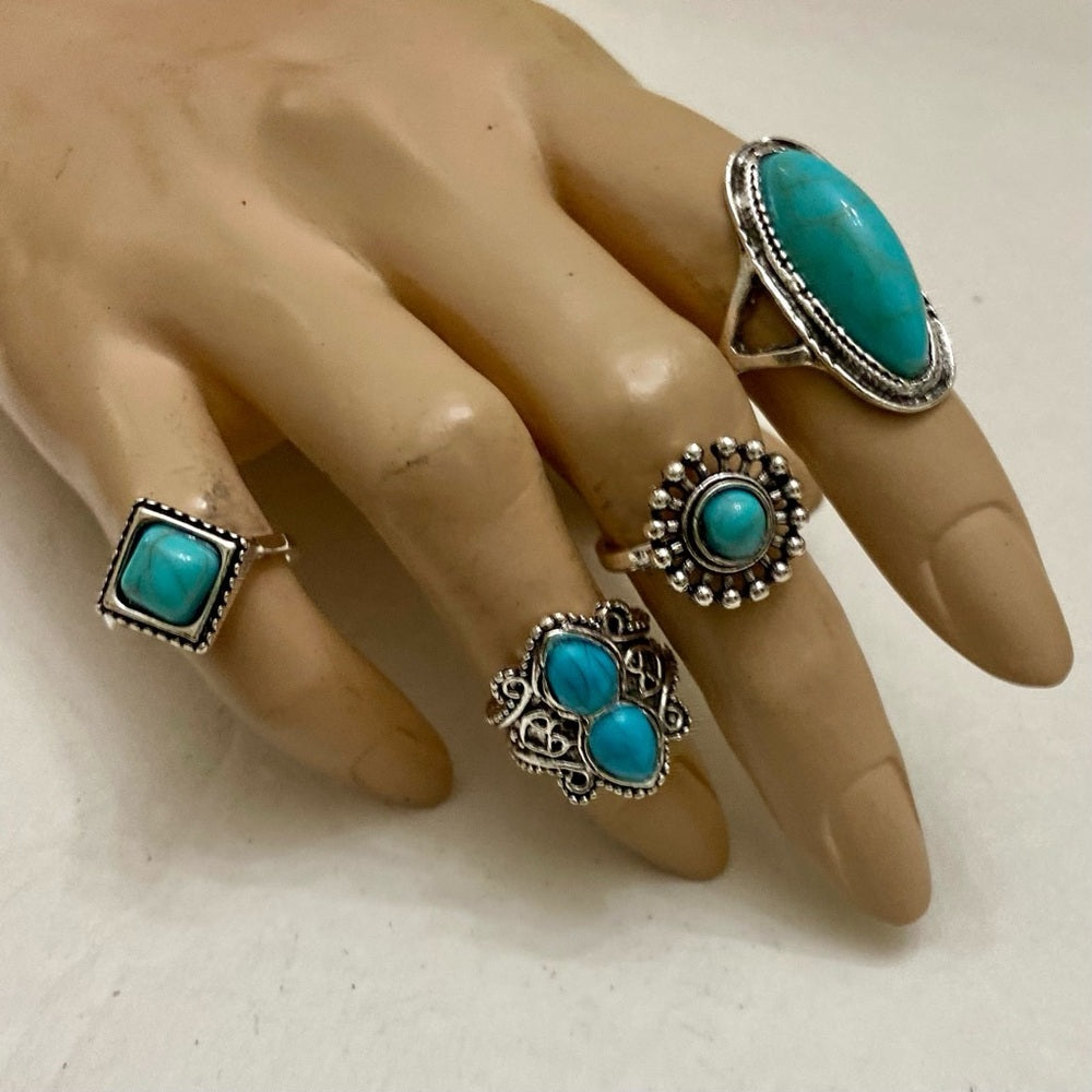 Vintage 4pc Silver Tone- Faux Turquoise Rings (H)