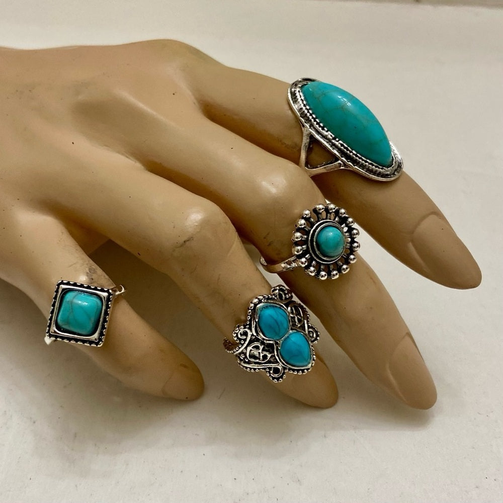 Vintage 4pc Silver Tone- Faux Turquoise Rings (H)