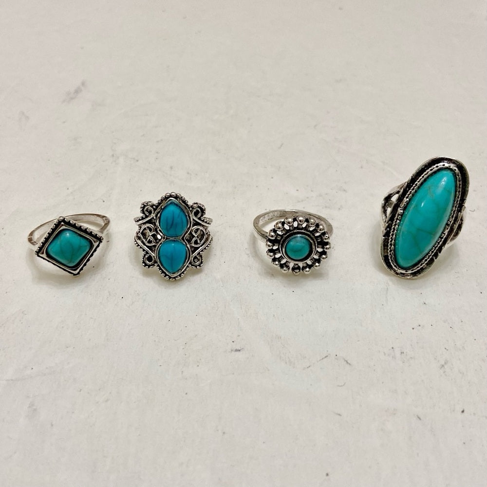 Vintage 4pc Silver Tone- Faux Turquoise Rings (H)