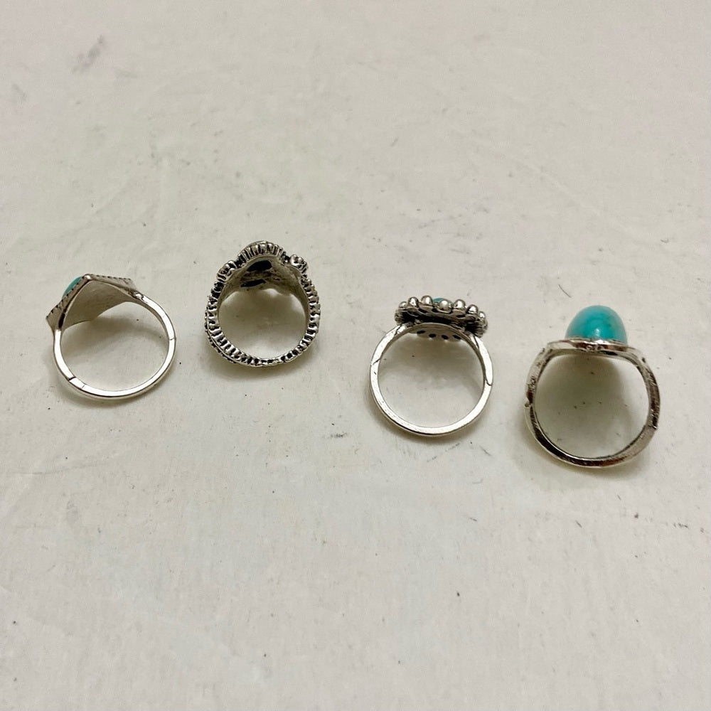 Vintage 4pc Silver Tone- Faux Turquoise Rings (H)