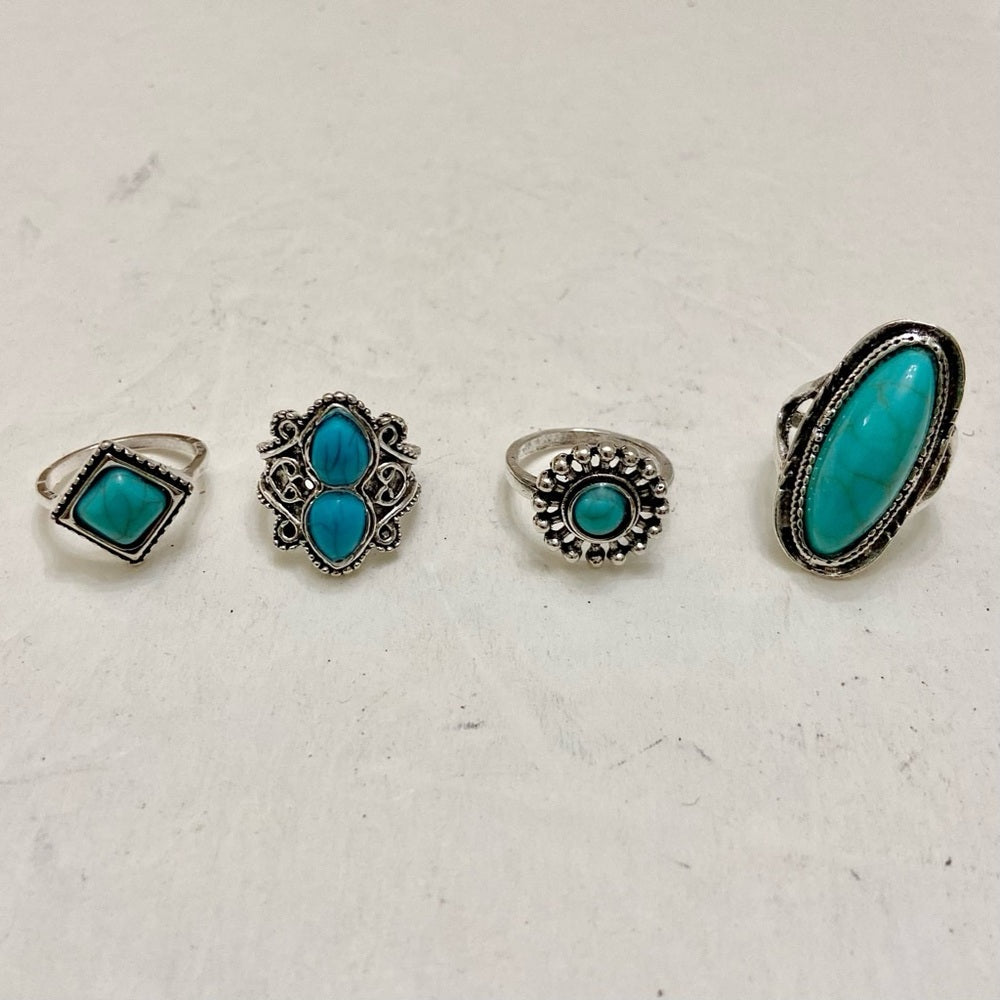 Vintage 4pc Silver Tone- Faux Turquoise Rings (H)