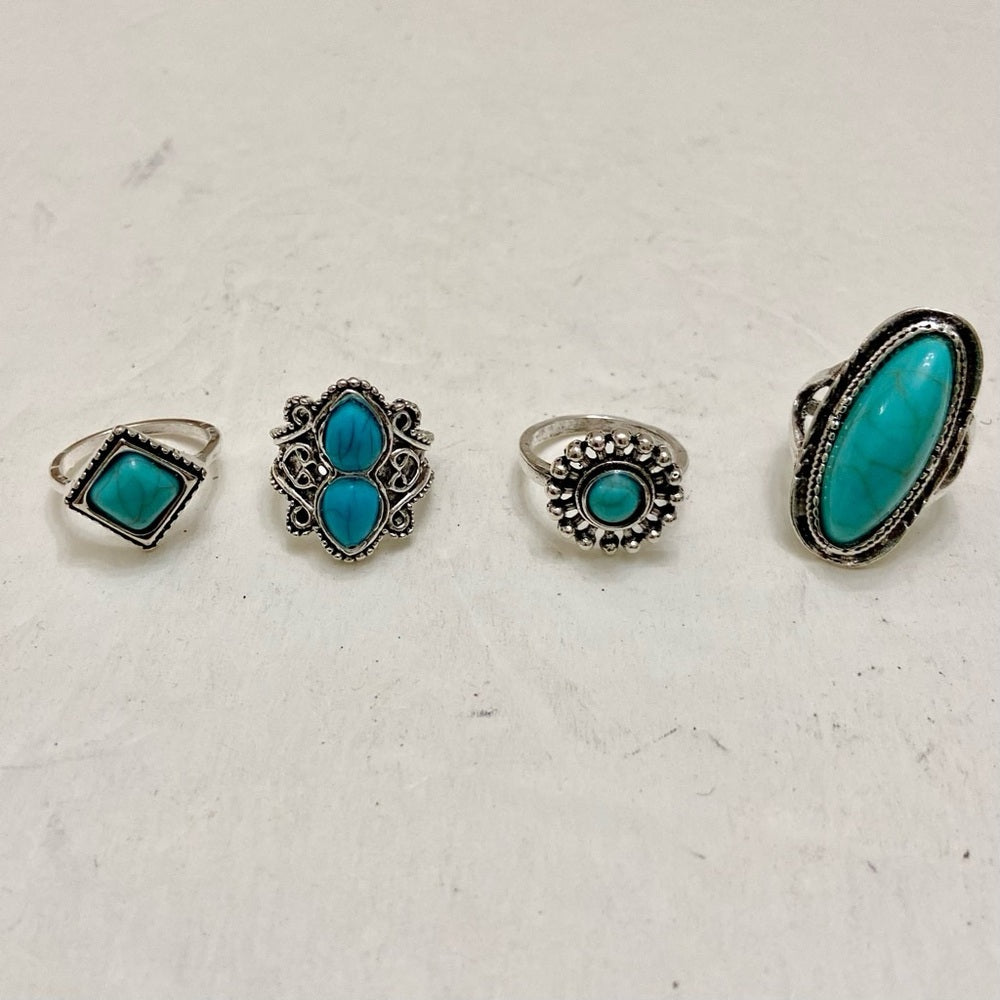 Vintage 4pc Silver Tone- Faux Turquoise Rings (H)