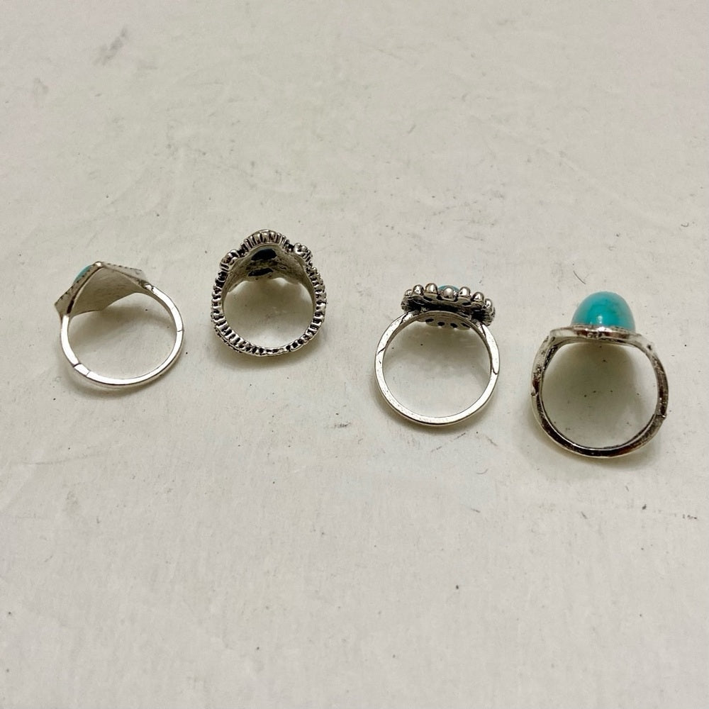 Vintage 4pc Silver Tone- Faux Turquoise Rings (H)
