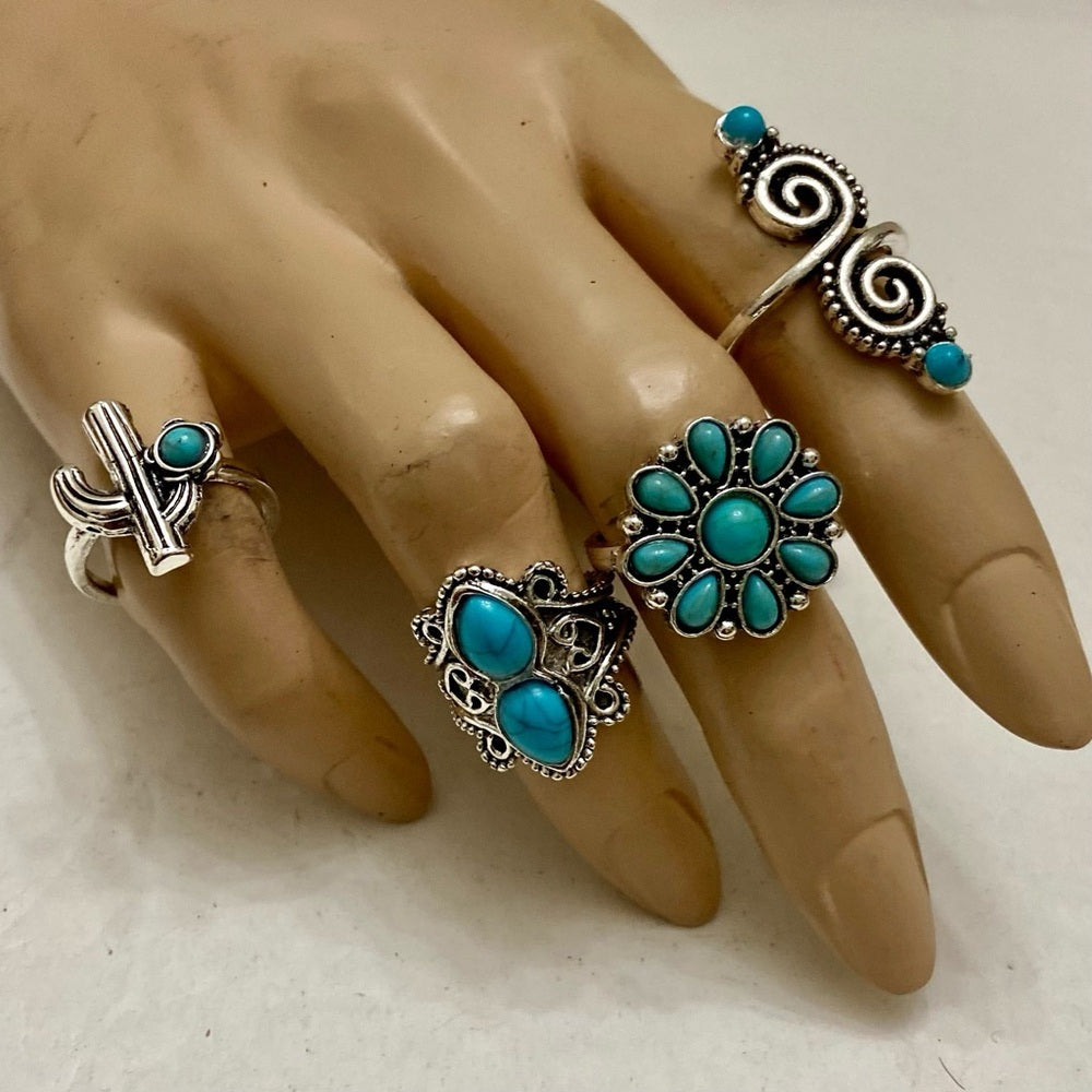 Vintage 4pc Silver Tone- Faux Turquoise Rings (H)