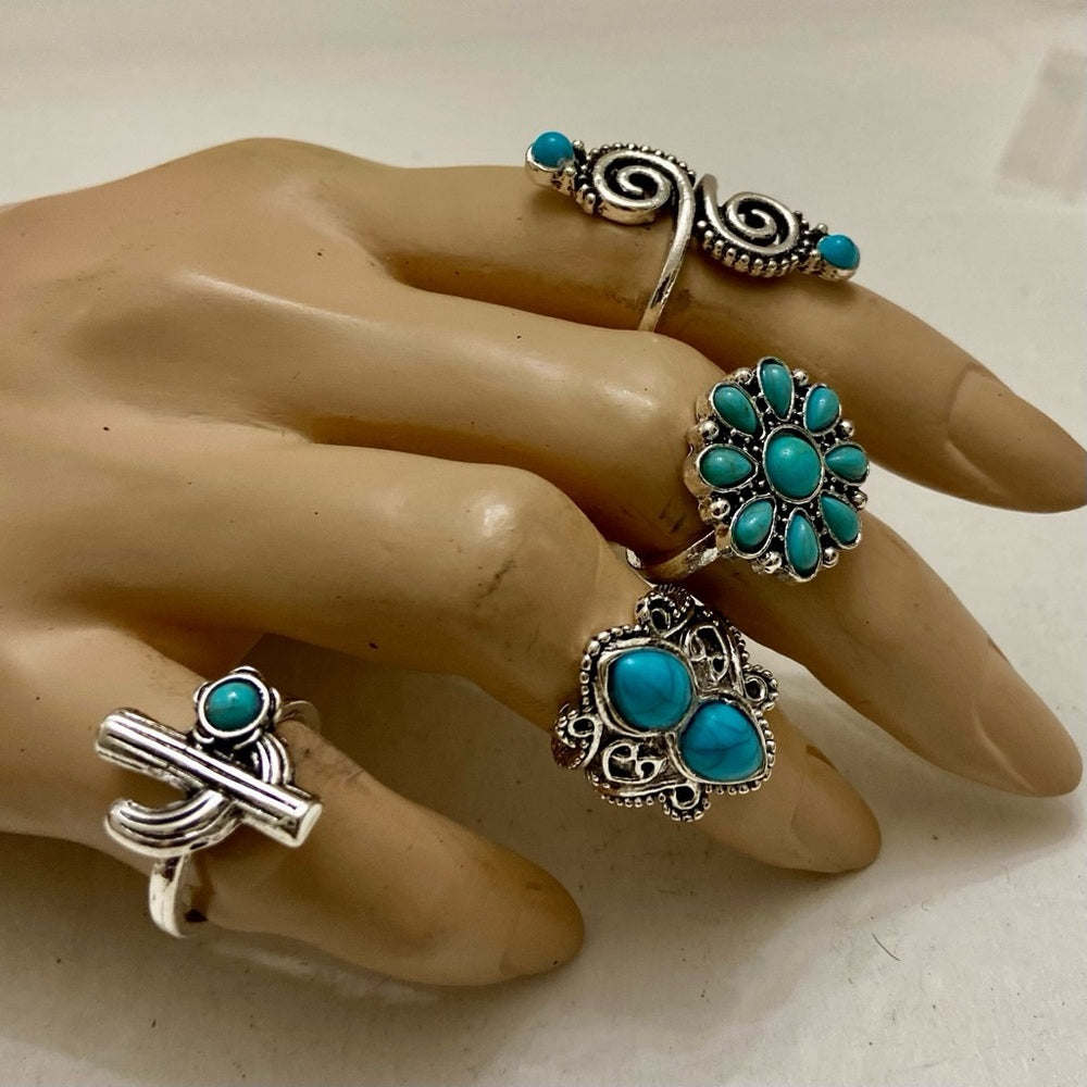 Vintage 4pc Silver Tone- Faux Turquoise Rings (I)