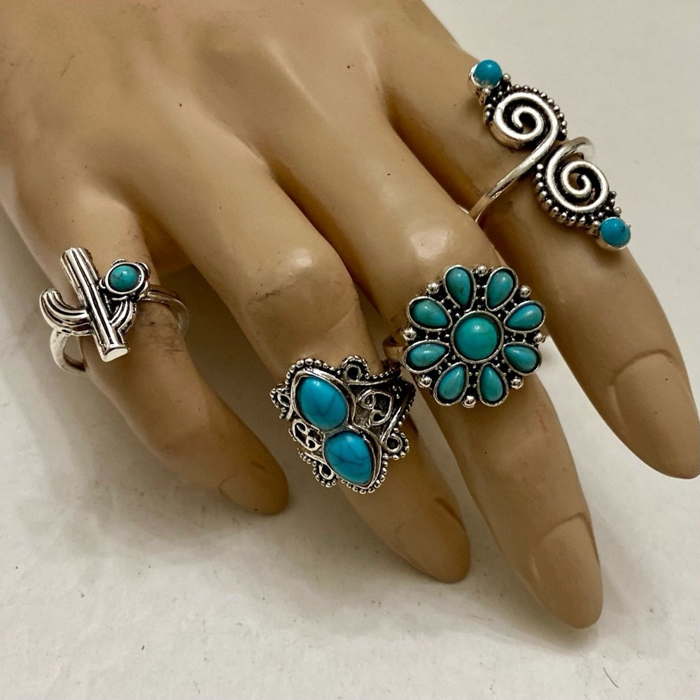 Vintage 4pc Silver Tone- Faux Turquoise Rings (I)