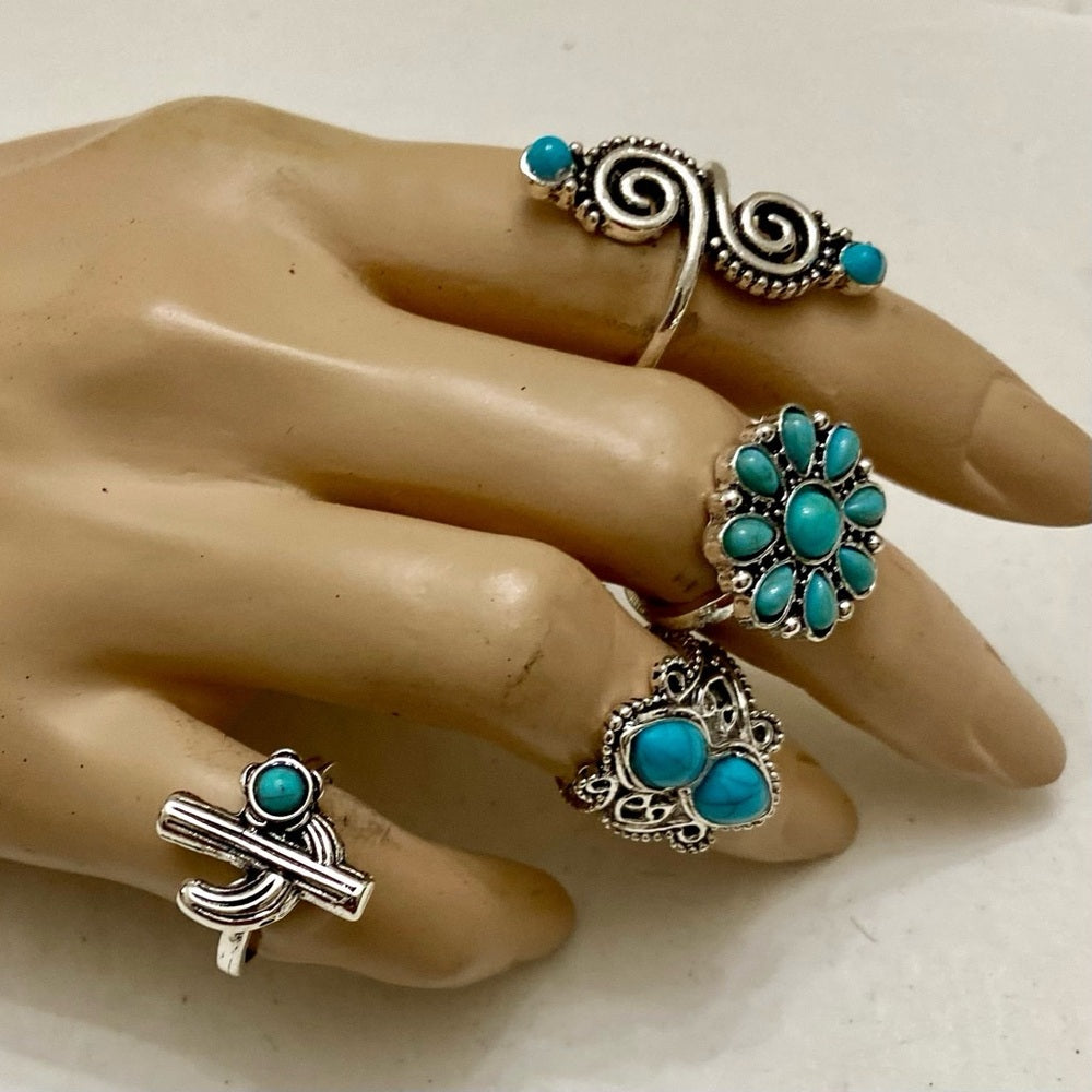 Vintage 4pc Silver Tone- Faux Turquoise Rings (I)