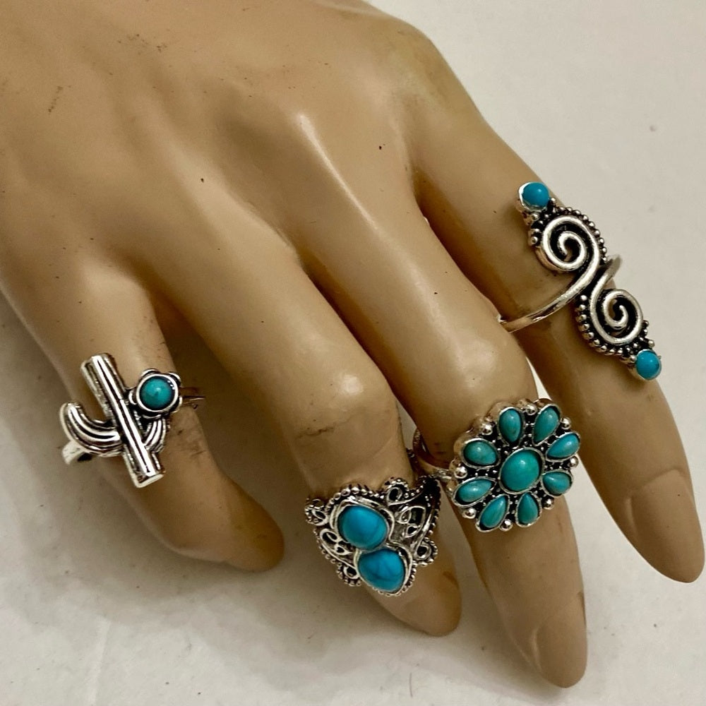 Vintage 4pc Silver Tone- Faux Turquoise Rings (I)