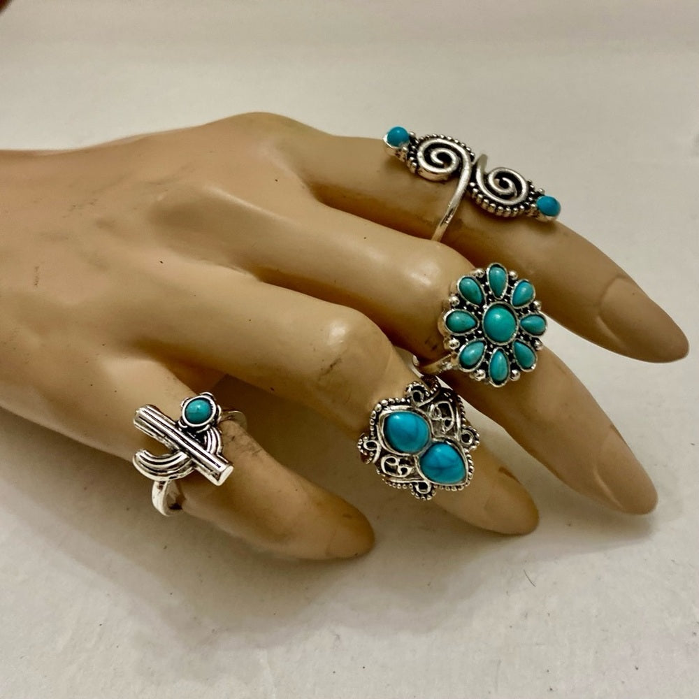 Vintage 4pc Silver Tone- Faux Turquoise Rings (I)