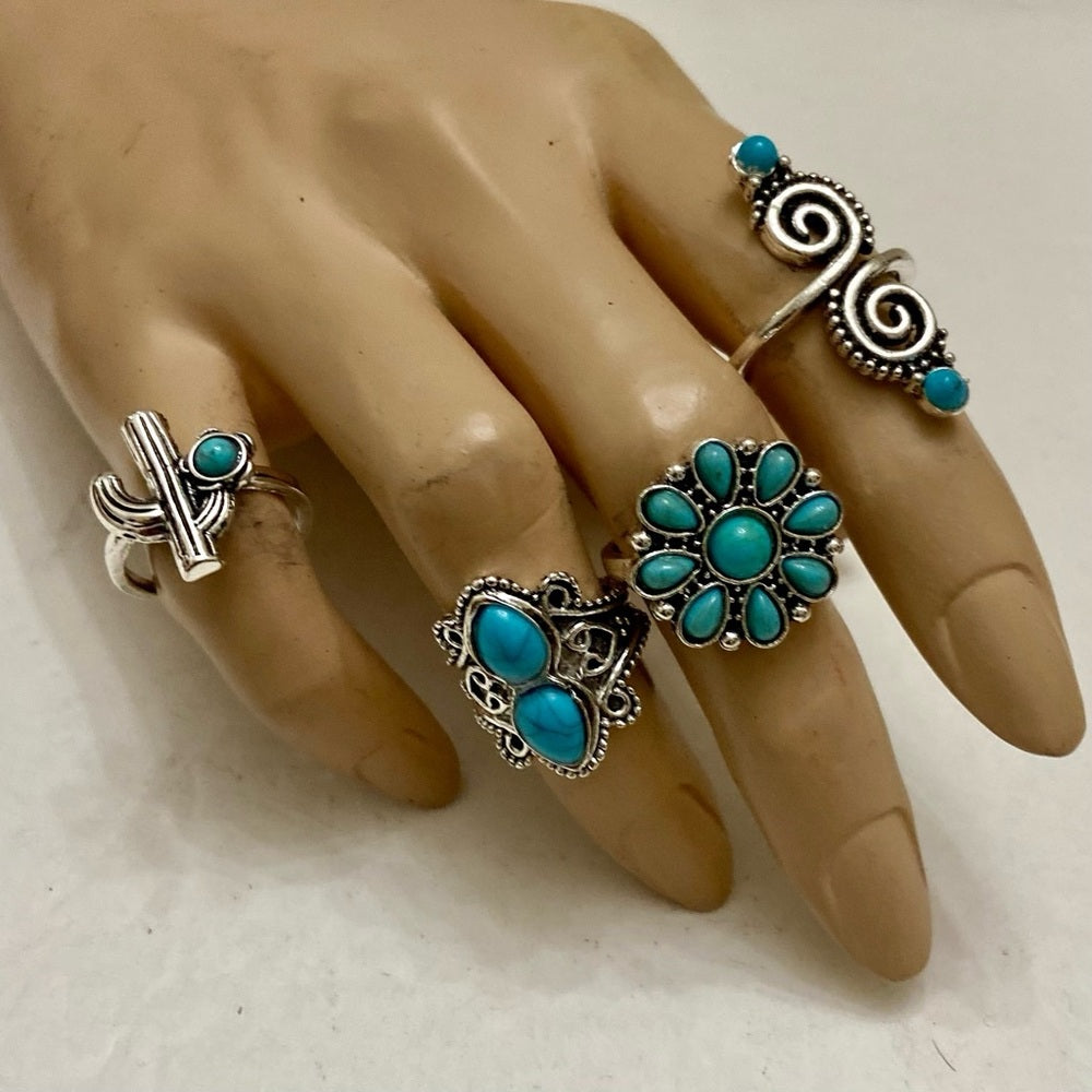 Vintage 4pc Silver Tone- Faux Turquoise Rings (I)