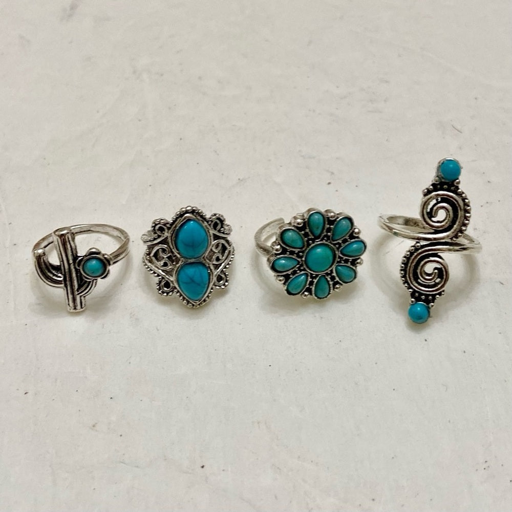 Vintage 4pc Silver Tone- Faux Turquoise Rings (I)