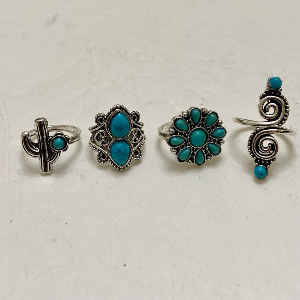 Vintage 4pc Silver Tone- Faux Turquoise Rings (I)