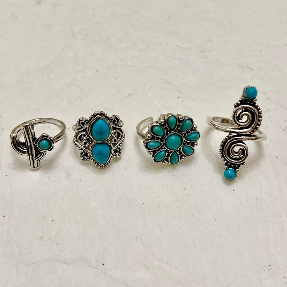 Vintage 4pc Silver Tone- Faux Turquoise Rings (I)