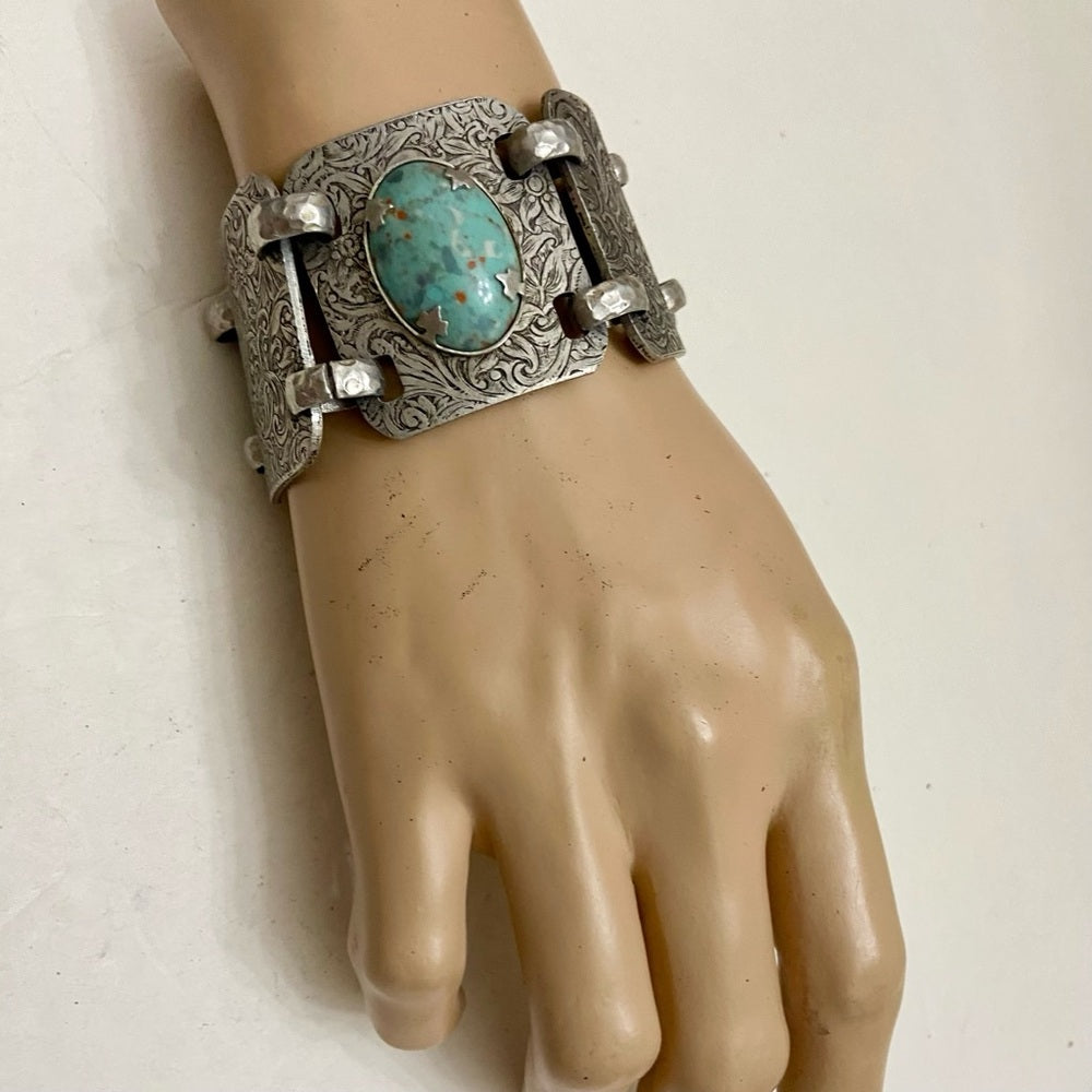 Vintage, 1940s Engraved and Hammered Aluminum Bracelet 7.5in x 1.5in