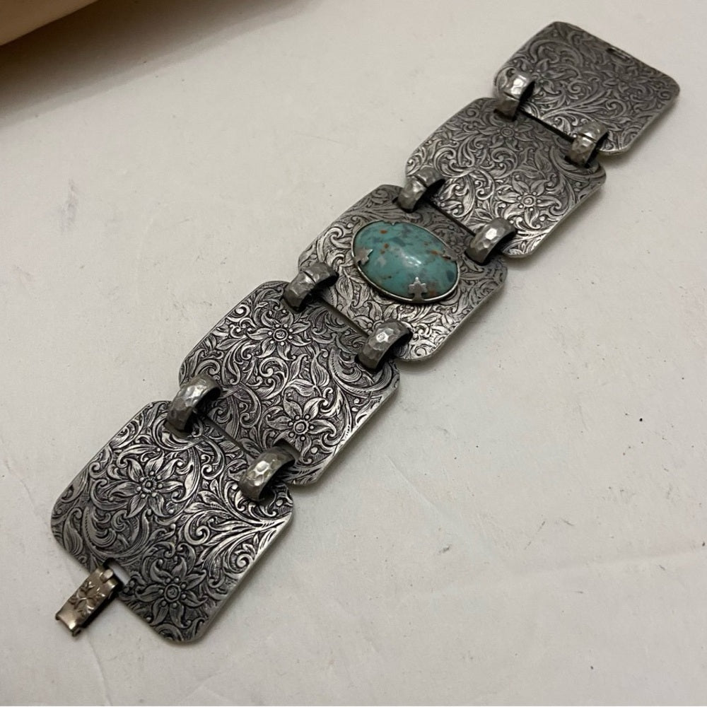 Vintage, 1940s Engraved and Hammered Aluminum Bracelet 7.5in x 1.5in