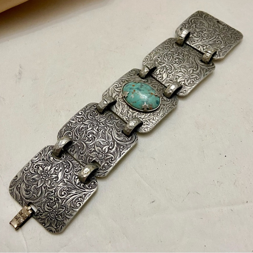 Vintage, 1940s Engraved and Hammered Aluminum Bracelet 7.5in x 1.5in