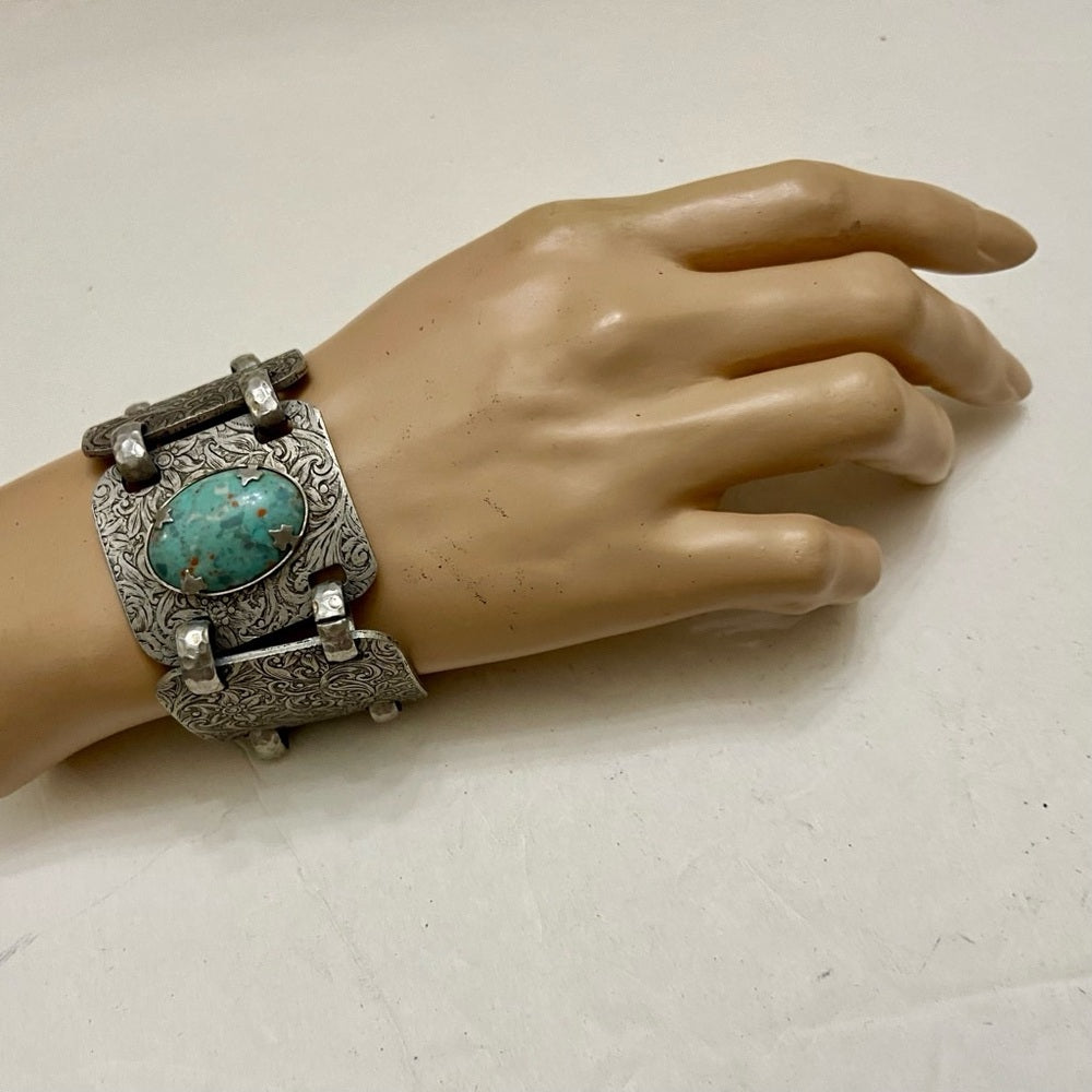 Vintage, 1940s Engraved and Hammered Aluminum Bracelet 7.5in x 1.5in