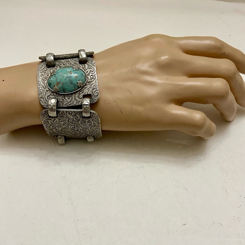 Vintage, 1940s Engraved and Hammered Aluminum Bracelet 7.5in x 1.5in