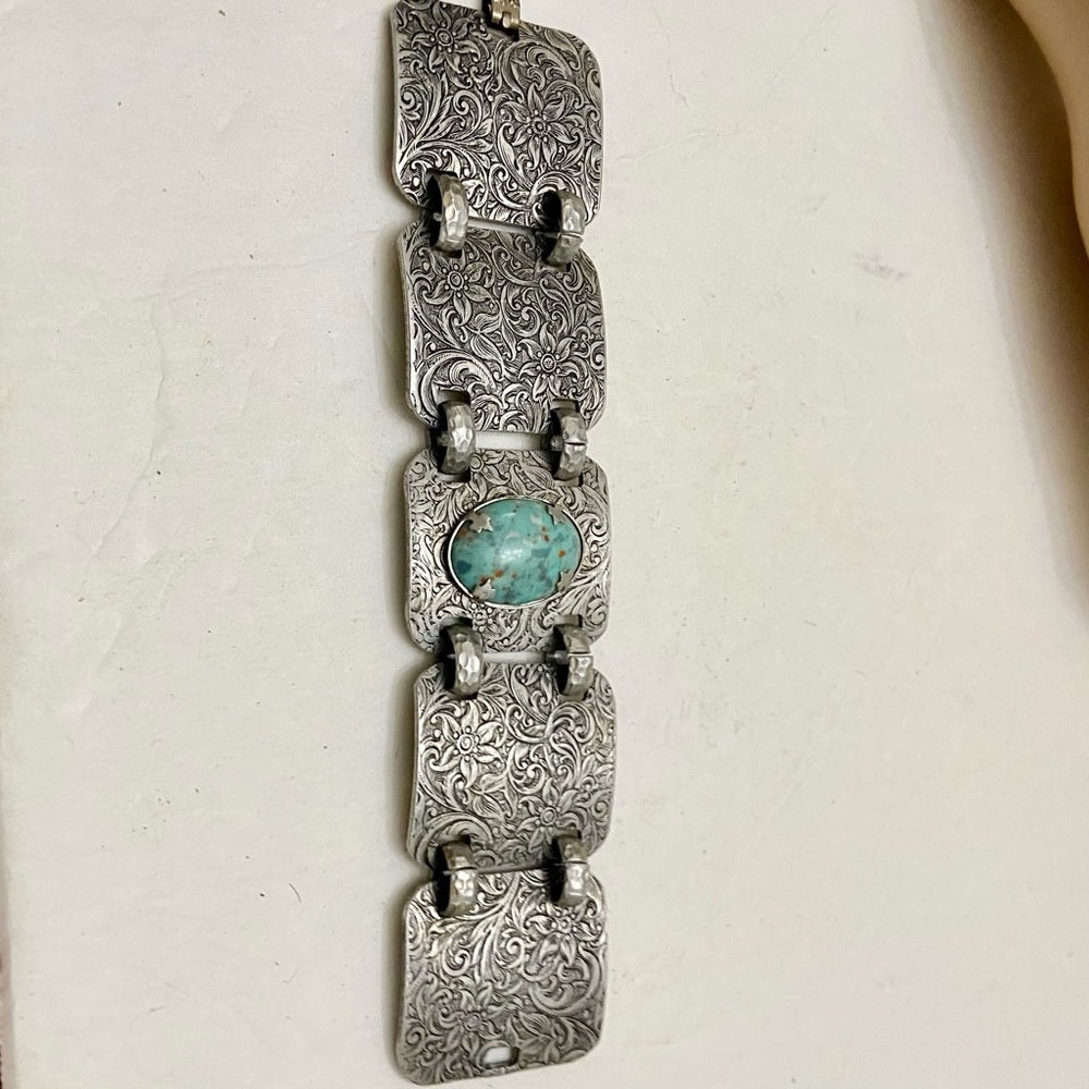 Vintage, 1940s Engraved and Hammered Aluminum Bracelet 7.5in x 1.5in
