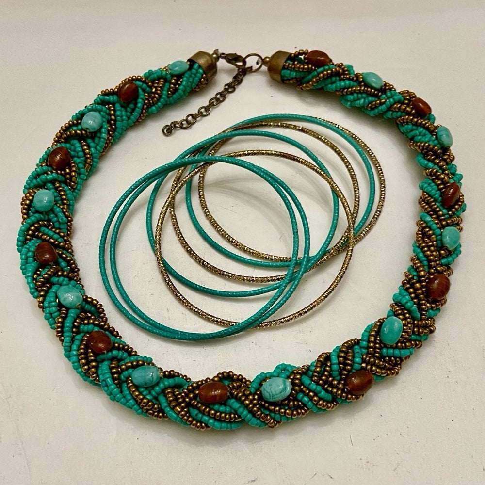 Vintage, 18in-20in Turquoise-Garnet Beaded Necklace- 7pc Turquoise-Gold Bangles