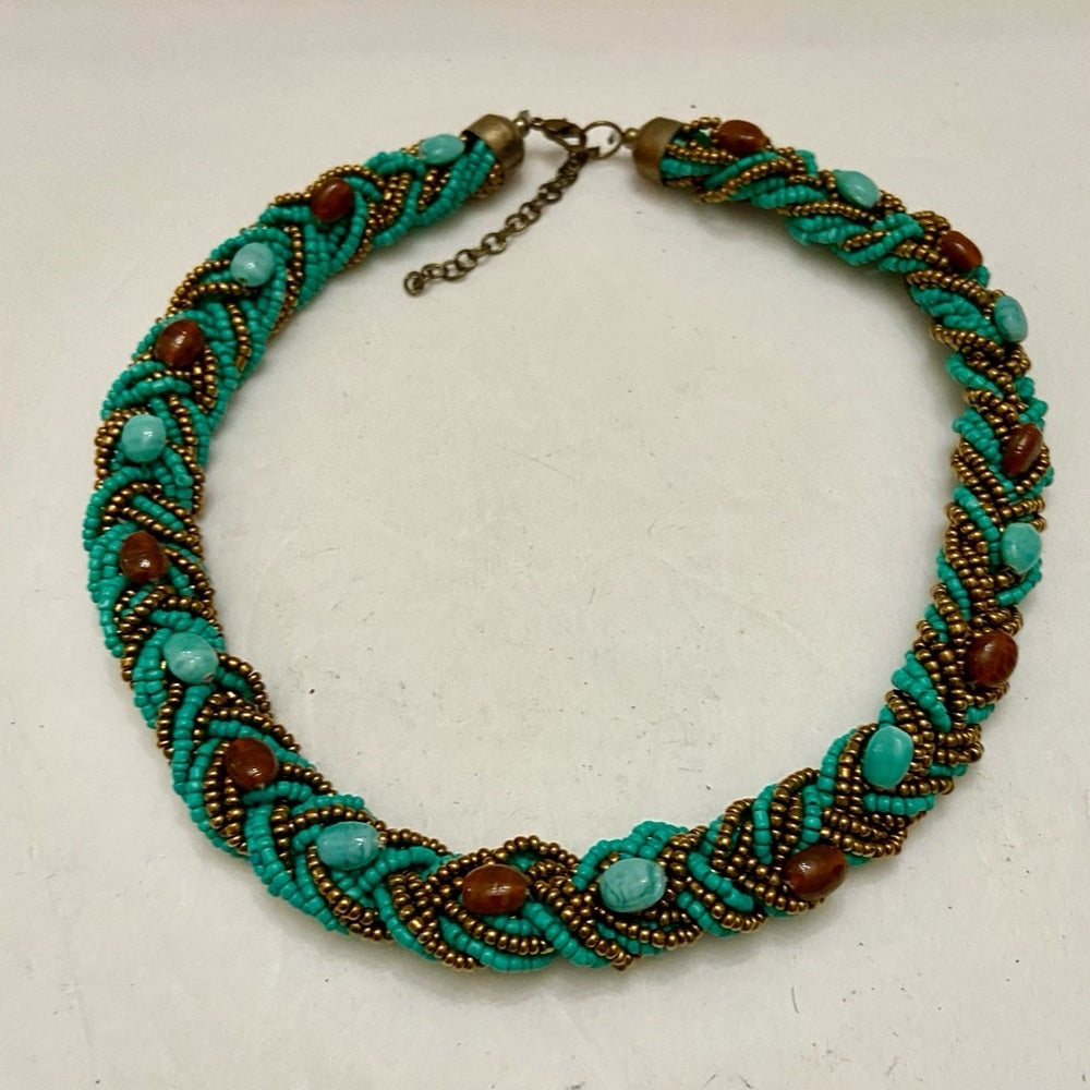 Vintage, 18in-20in Turquoise-Garnet Beaded Necklace- 7pc Turquoise-Gold Bangles
